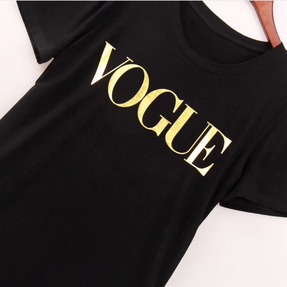 VOGUE Gold Print Black Tee Shirt Crew Neck - Picture 5 of 8